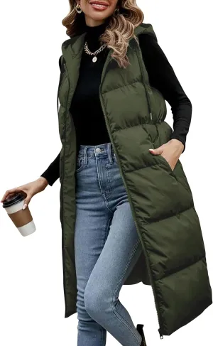 Lingswallow Long Puffer Vest Women Quilted Hooded Vests Outerwear Sleeveless Zip Up Coat Jackets With Pockets