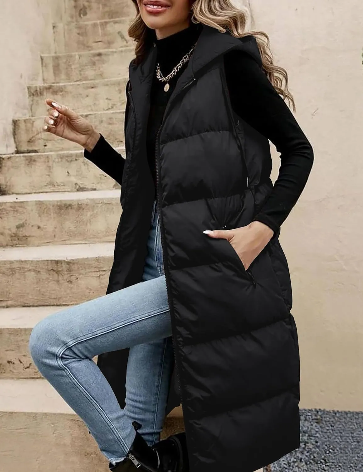 Lingswallow Long Puffer Vest Women Quilted Hooded Vests Outerwear Sleeveless Zip Up Coat Jackets With Pockets