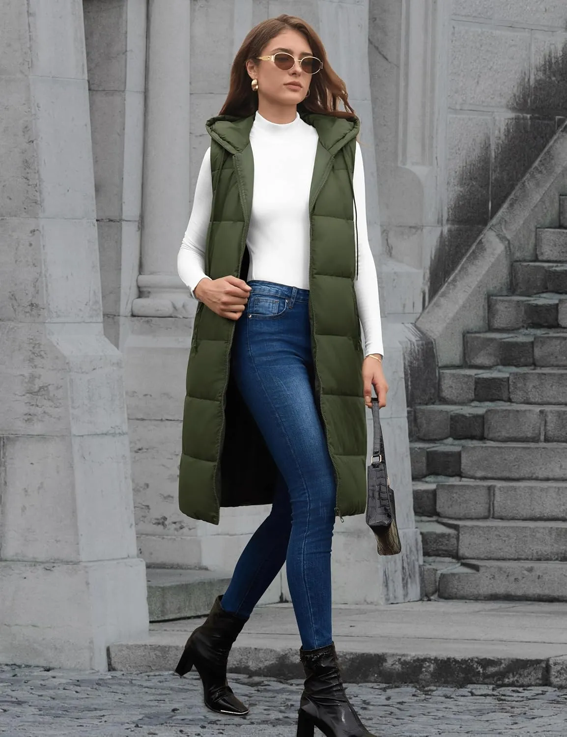 Lingswallow Long Puffer Vest Women Quilted Hooded Vests Outerwear Sleeveless Zip Up Coat Jackets With Pockets
