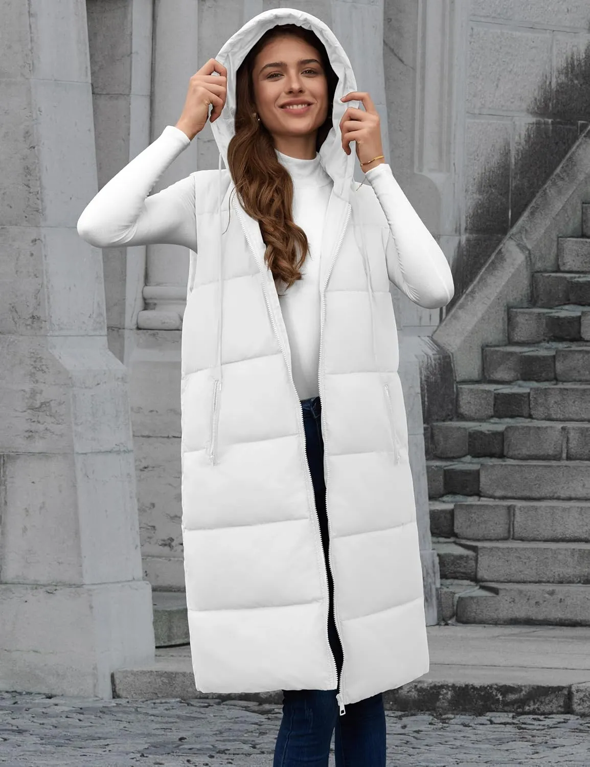 Lingswallow Long Puffer Vest Women Quilted Hooded Vests Outerwear Sleeveless Zip Up Coat Jackets With Pockets