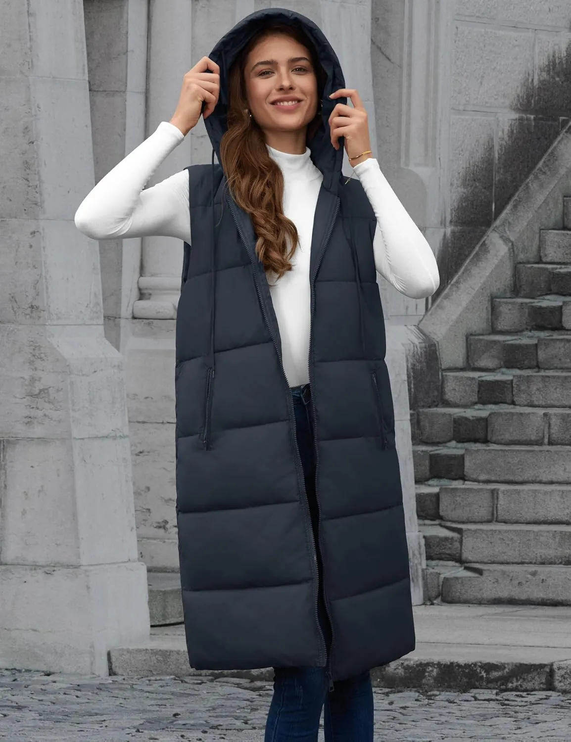 Lingswallow Long Puffer Vest Women Quilted Hooded Vests Outerwear Sleeveless Zip Up Coat Jackets With Pockets