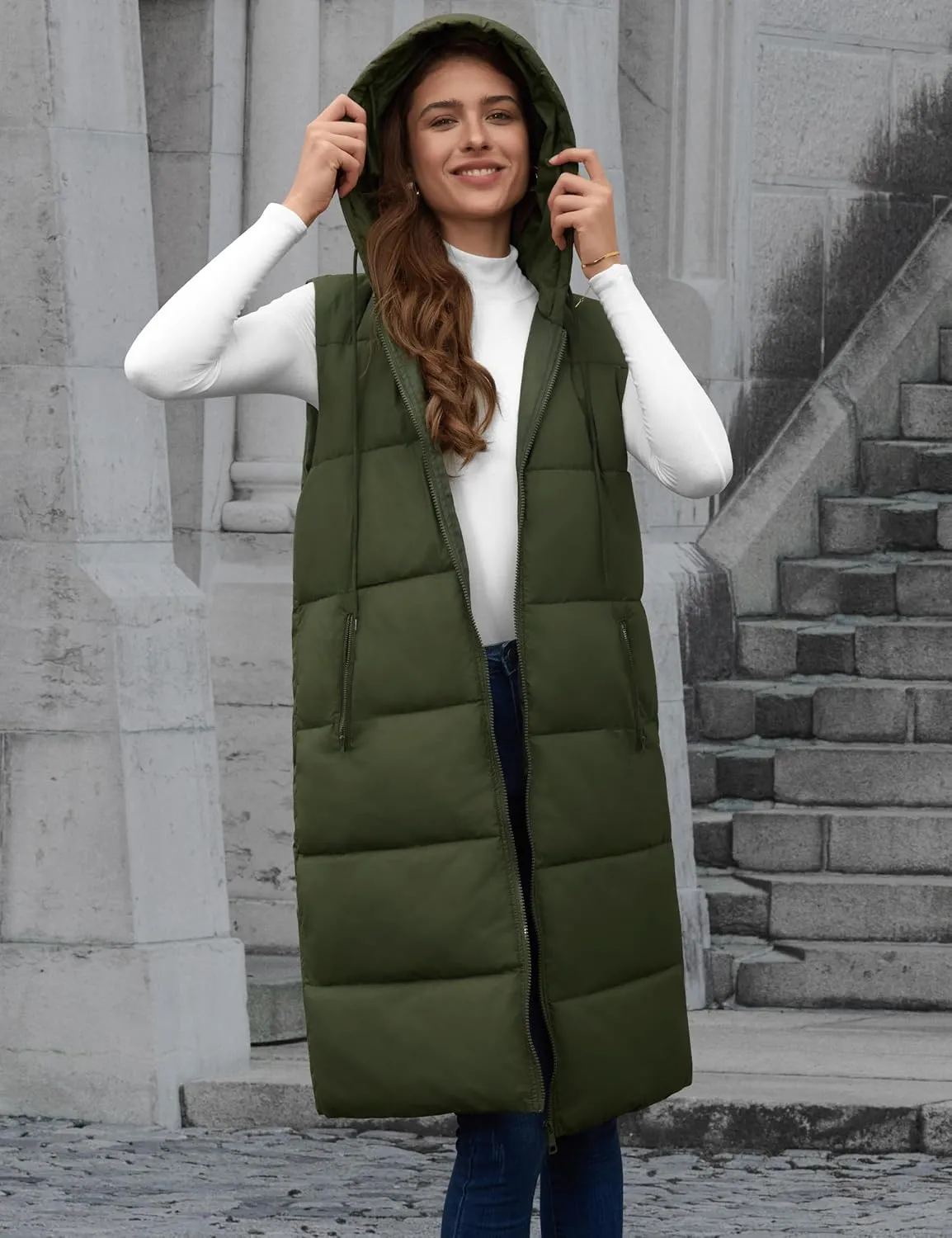 Lingswallow Long Puffer Vest Women Quilted Hooded Vests Outerwear Sleeveless Zip Up Coat Jackets With Pockets