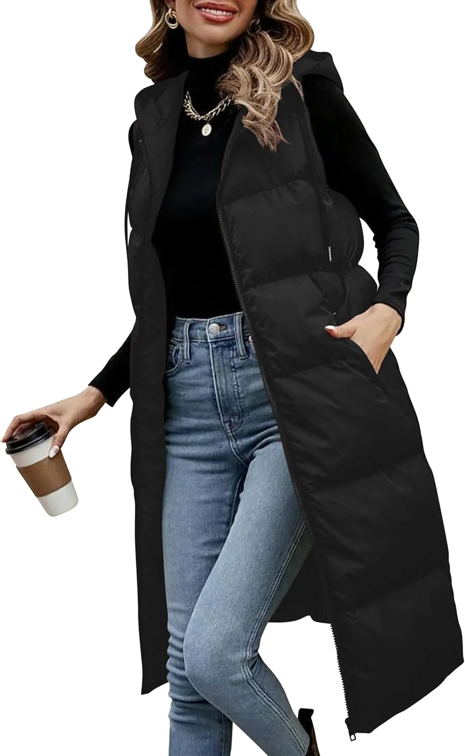 Lingswallow Long Puffer Vest Women Quilted Hooded Vests Outerwear Sleeveless Zip Up Coat Jackets With Pockets