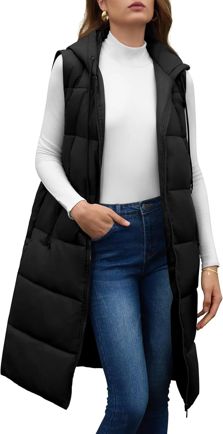 Lingswallow Long Puffer Vest Women Quilted Hooded Vests Outerwear Sleeveless Zip Up Coat Jackets With Pockets