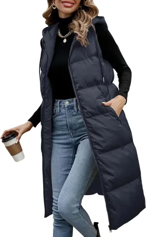 Lingswallow Long Puffer Vest Women Quilted Hooded Vests Outerwear Sleeveless Zip Up Coat Jackets With Pockets