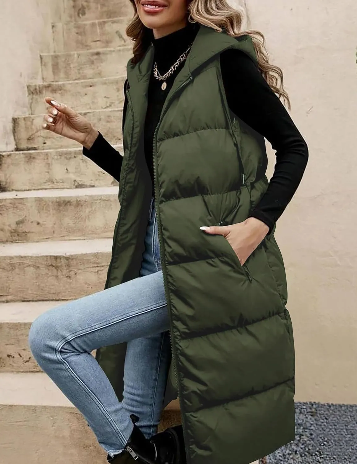 Lingswallow Long Puffer Vest Women Quilted Hooded Vests Outerwear Sleeveless Zip Up Coat Jackets With Pockets