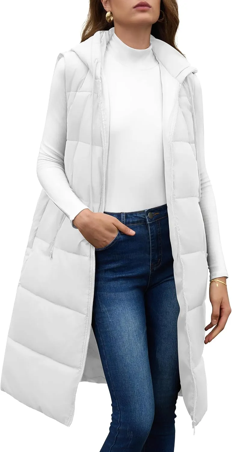 Lingswallow Long Puffer Vest Women Quilted Hooded Vests Outerwear Sleeveless Zip Up Coat Jackets With Pockets