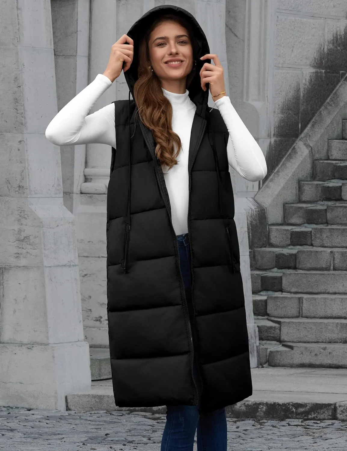 Lingswallow Long Puffer Vest Women Quilted Hooded Vests Outerwear Sleeveless Zip Up Coat Jackets With Pockets