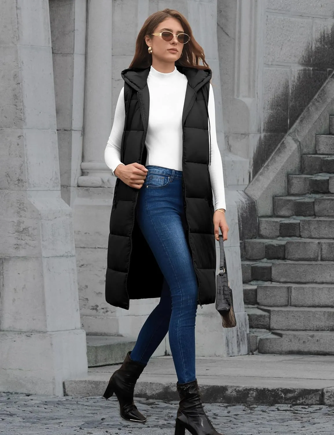 Lingswallow Long Puffer Vest Women Quilted Hooded Vests Outerwear Sleeveless Zip Up Coat Jackets With Pockets