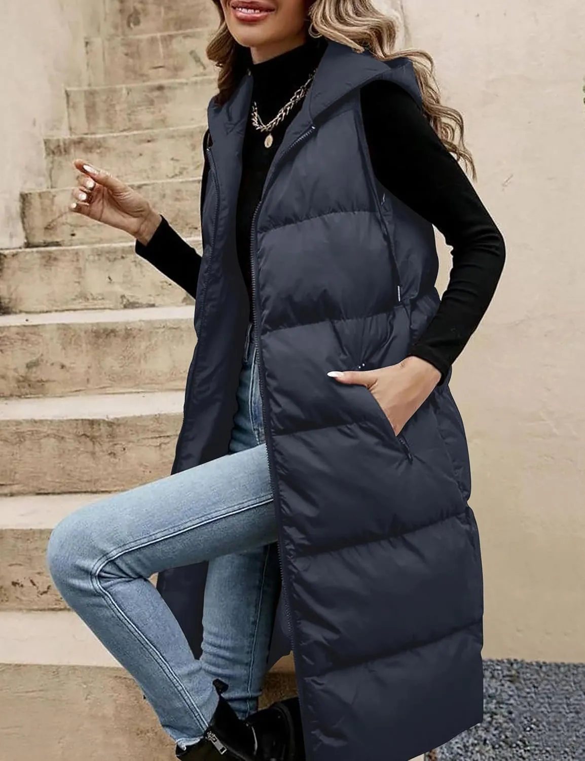Lingswallow Long Puffer Vest Women Quilted Hooded Vests Outerwear Sleeveless Zip Up Coat Jackets With Pockets