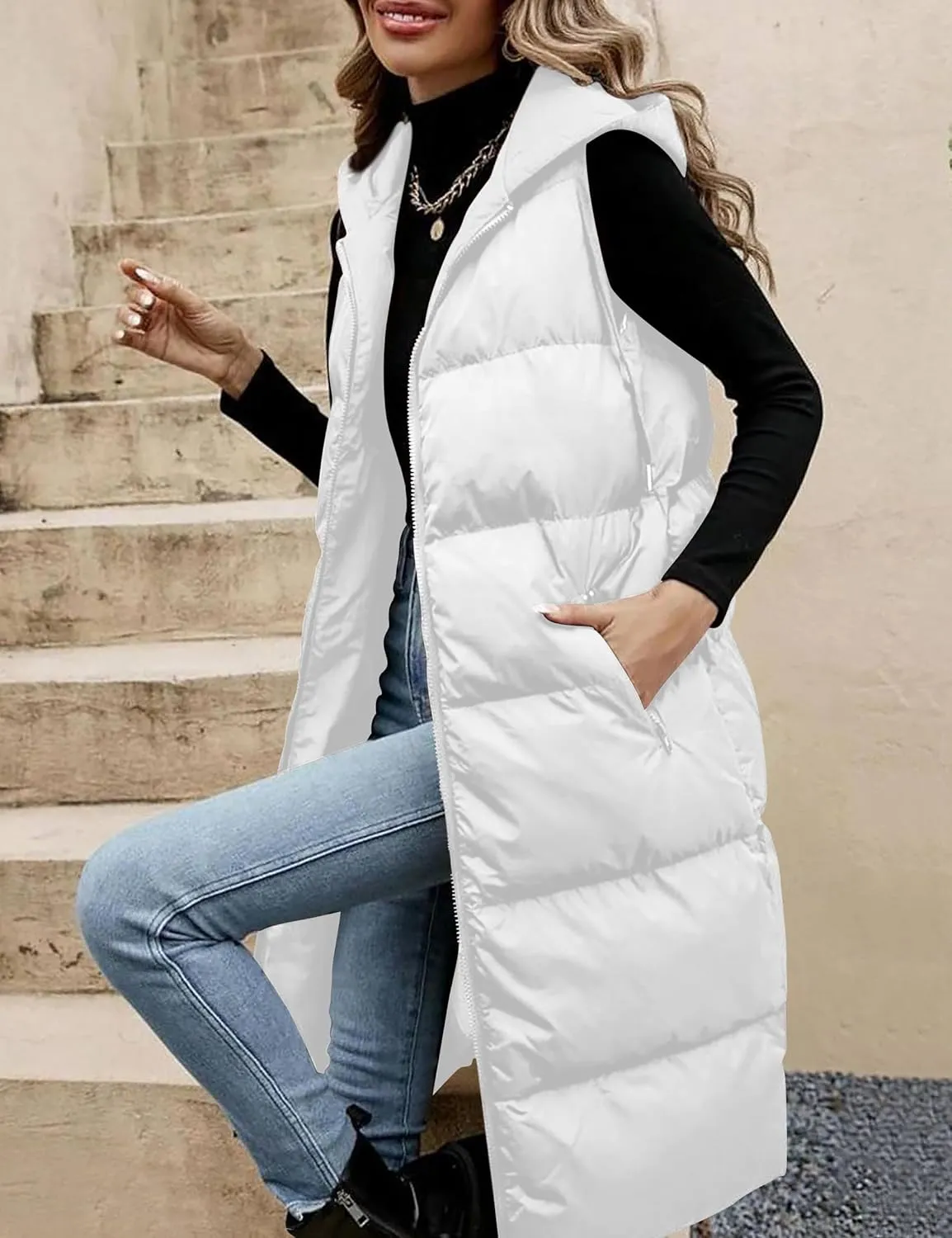 Lingswallow Long Puffer Vest Women Quilted Hooded Vests Outerwear Sleeveless Zip Up Coat Jackets With Pockets