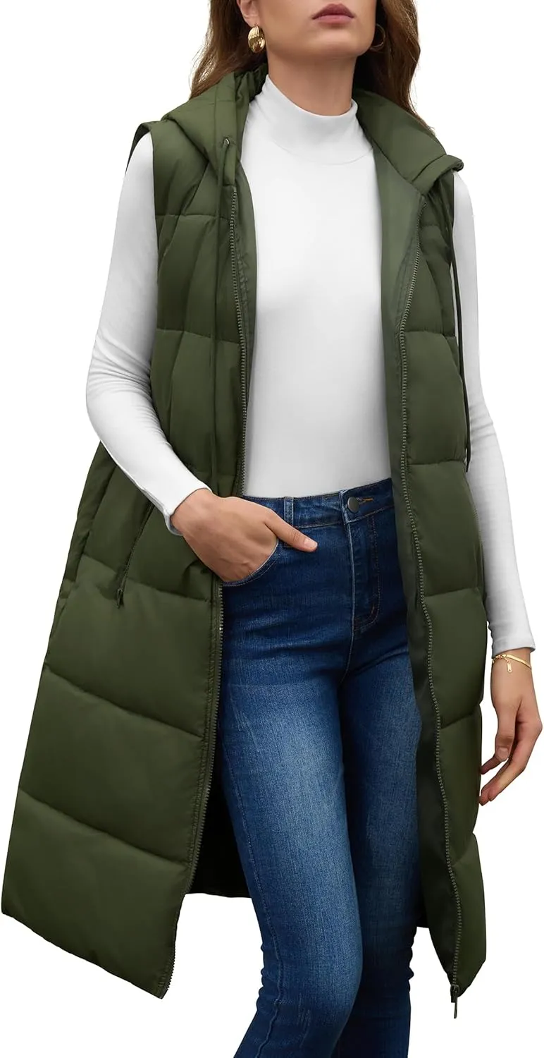 Lingswallow Long Puffer Vest Women Quilted Hooded Vests Outerwear Sleeveless Zip Up Coat Jackets With Pockets
