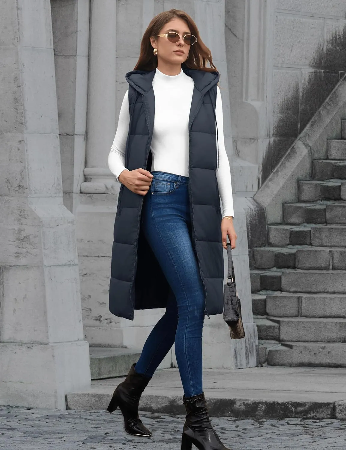 Lingswallow Long Puffer Vest Women Quilted Hooded Vests Outerwear Sleeveless Zip Up Coat Jackets With Pockets