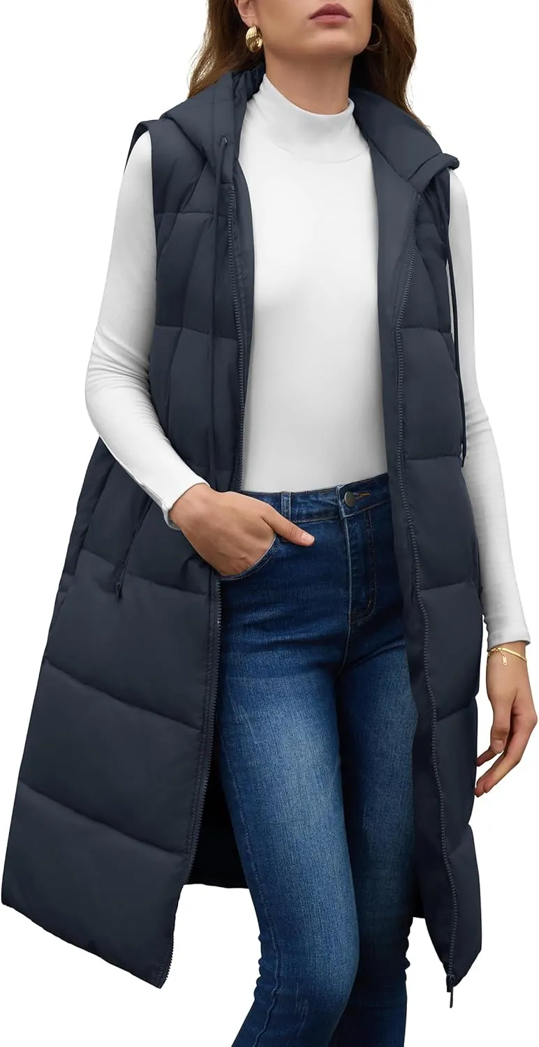 Lingswallow Long Puffer Vest Women Quilted Hooded Vests Outerwear Sleeveless Zip Up Coat Jackets With Pockets