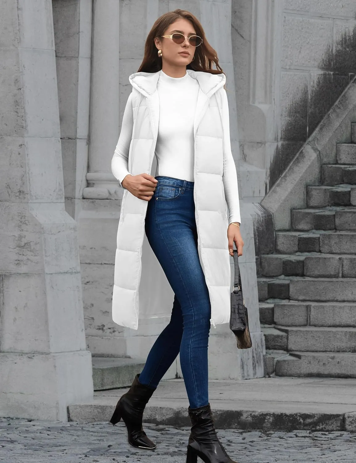 Lingswallow Long Puffer Vest Women Quilted Hooded Vests Outerwear Sleeveless Zip Up Coat Jackets With Pockets