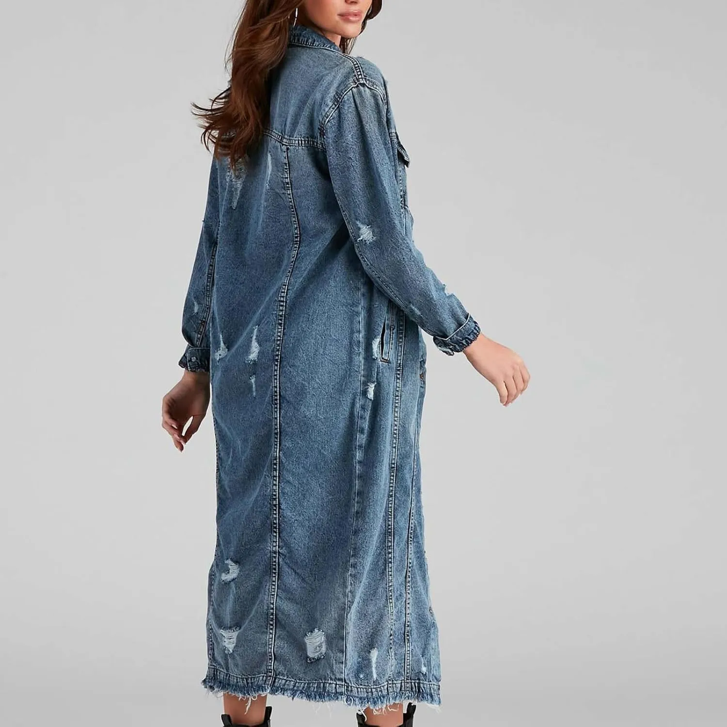 Long Denim Jackets for Women 2023 Fashion Maxi Denim Coats Loose Casual Washed Button Down Jean Jacket Trench Coat