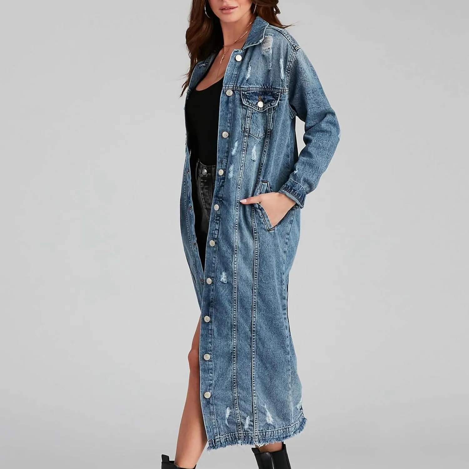 Long Denim Jackets for Women 2023 Fashion Maxi Denim Coats Loose Casual Washed Button Down Jean Jacket Trench Coat