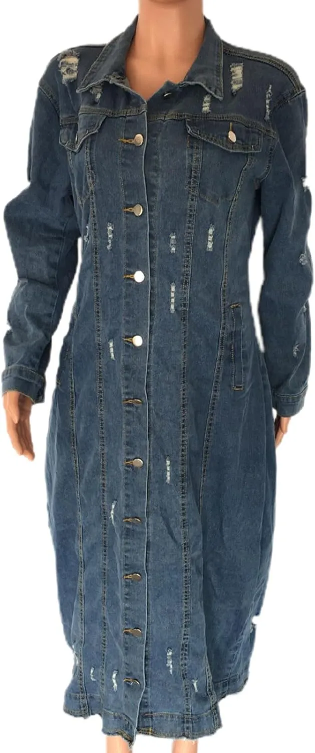 Long Denim Jackets for Women 2023 Fashion Maxi Denim Coats Loose Casual Washed Button Down Jean Jacket Trench Coat