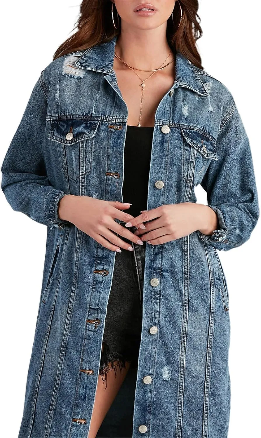 Long Denim Jackets for Women 2023 Fashion Maxi Denim Coats Loose Casual Washed Button Down Jean Jacket Trench Coat