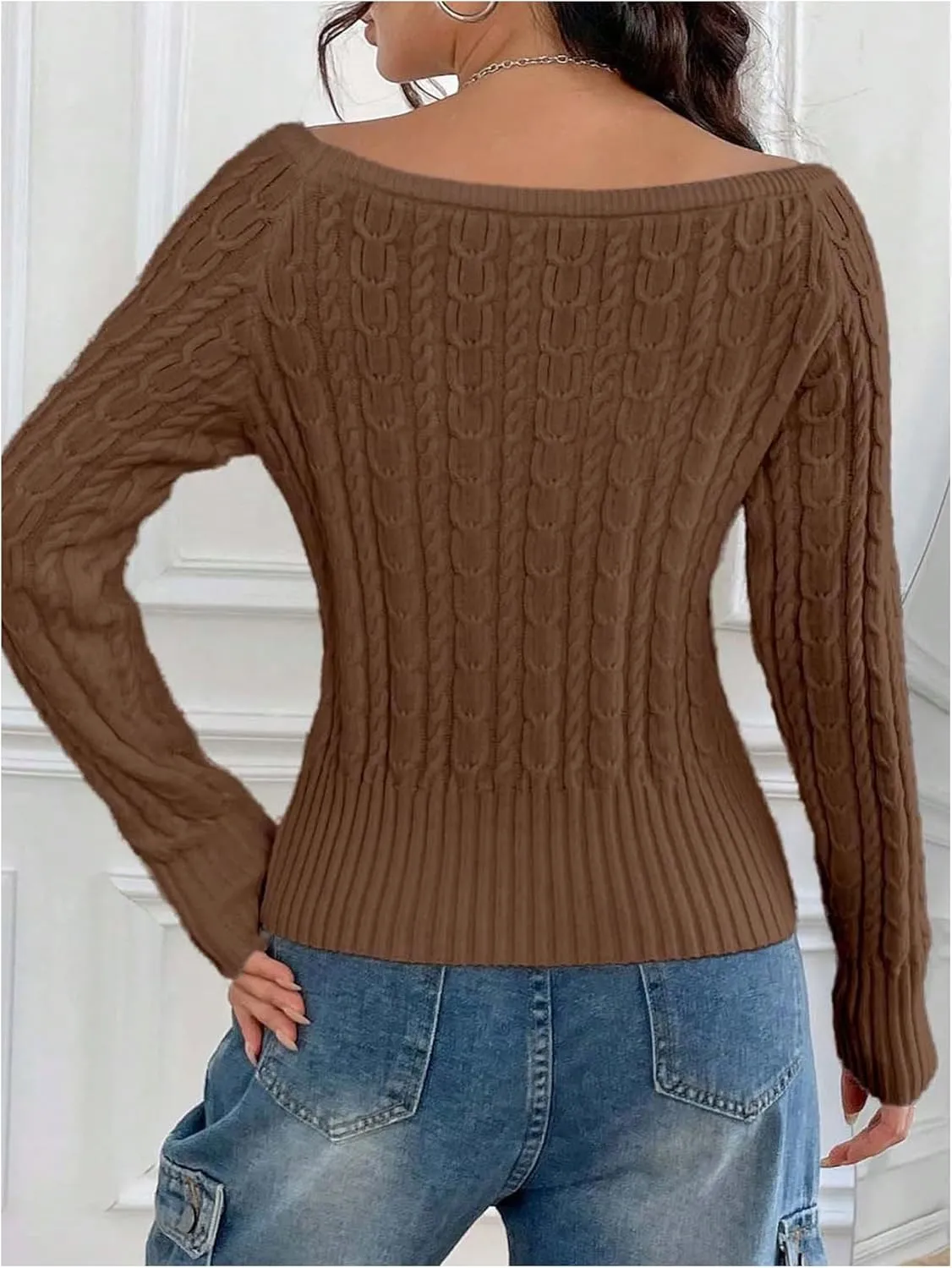 MakeMeChic Women's Off The Shoulder Sweater Cable Knit Long Sleeve Ribbed Fall Going Out Tops Sweater Pullover