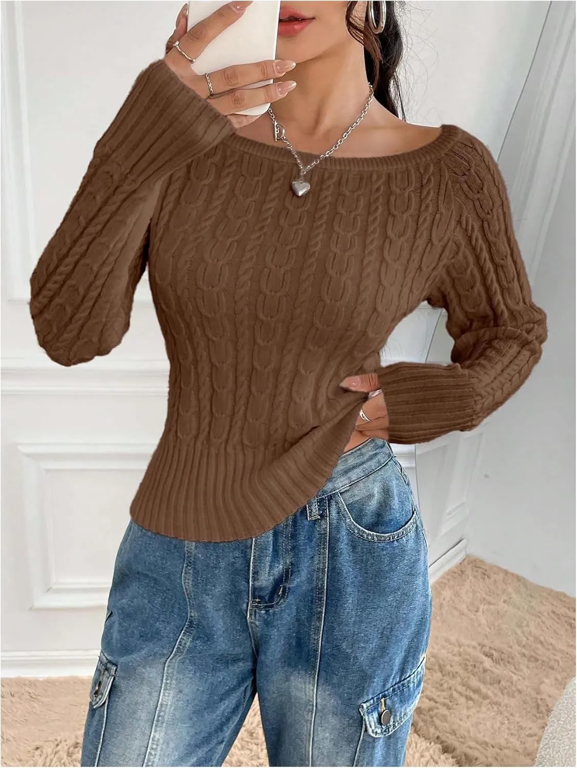 MakeMeChic Women's Off The Shoulder Sweater Cable Knit Long Sleeve Ribbed Fall Going Out Tops Sweater Pullover