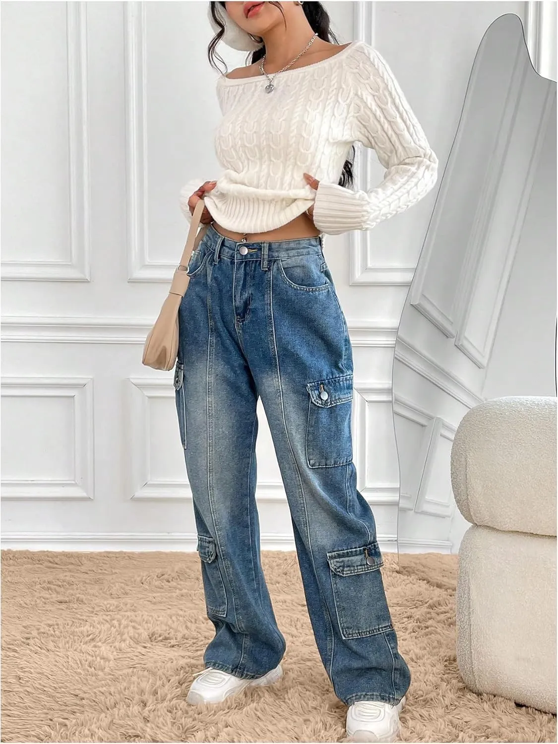 MakeMeChic Women's Off The Shoulder Sweater Cable Knit Long Sleeve Ribbed Fall Going Out Tops Sweater Pullover