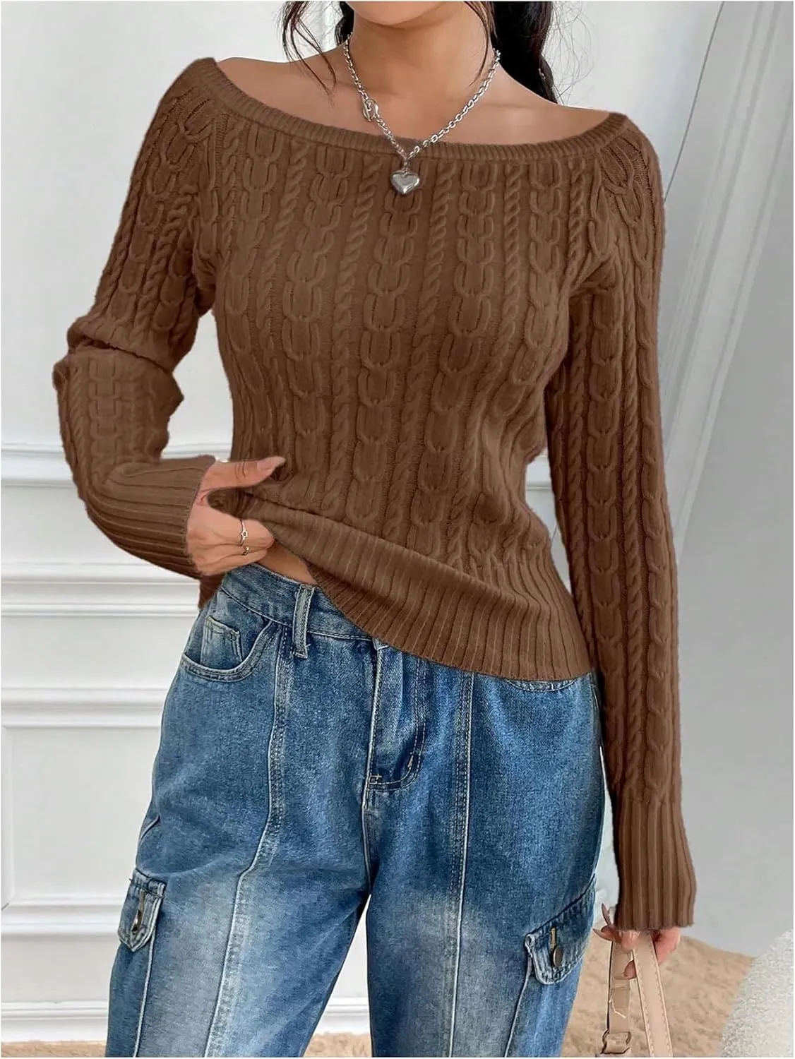 MakeMeChic Women's Off The Shoulder Sweater Cable Knit Long Sleeve Ribbed Fall Going Out Tops Sweater Pullover