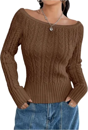 MakeMeChic Women's Off The Shoulder Sweater Cable Knit Long Sleeve Ribbed Fall Going Out Tops Sweater Pullover