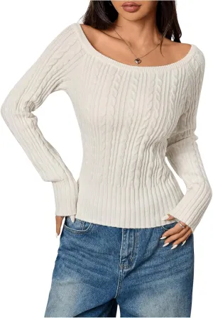 MakeMeChic Women's Off The Shoulder Sweater Cable Knit Long Sleeve Ribbed Fall Going Out Tops Sweater Pullover