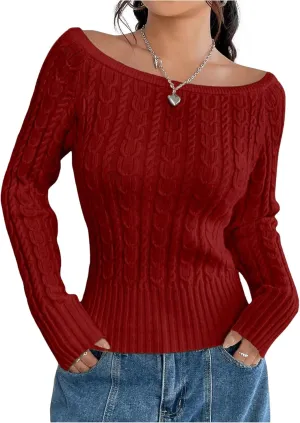 MakeMeChic Women's Off The Shoulder Sweater Cable Knit Long Sleeve Ribbed Fall Going Out Tops Sweater Pullover
