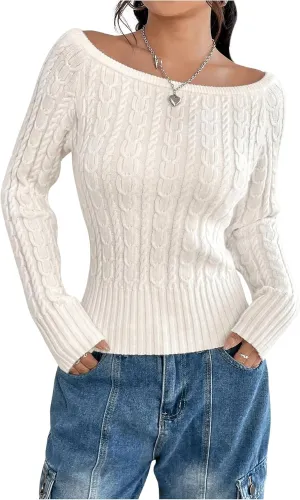MakeMeChic Women's Off The Shoulder Sweater Cable Knit Long Sleeve Ribbed Fall Going Out Tops Sweater Pullover