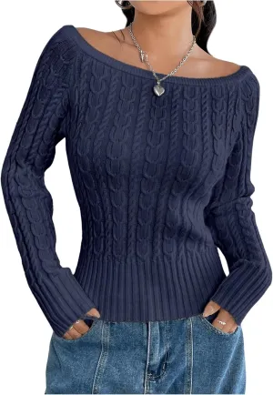 MakeMeChic Women's Off The Shoulder Sweater Cable Knit Long Sleeve Ribbed Fall Going Out Tops Sweater Pullover