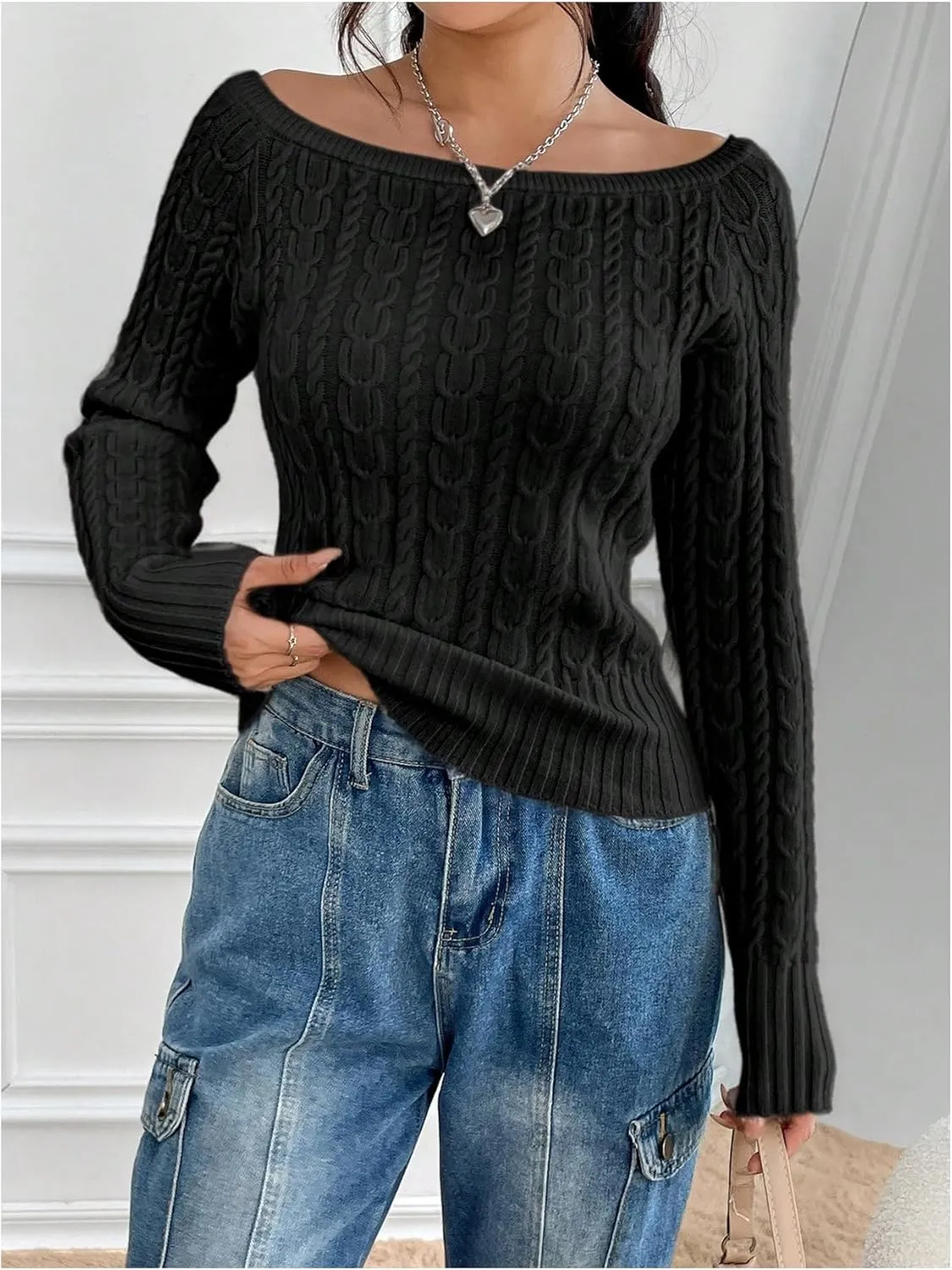 MakeMeChic Women's Off The Shoulder Sweater Cable Knit Long Sleeve Ribbed Fall Going Out Tops Sweater Pullover