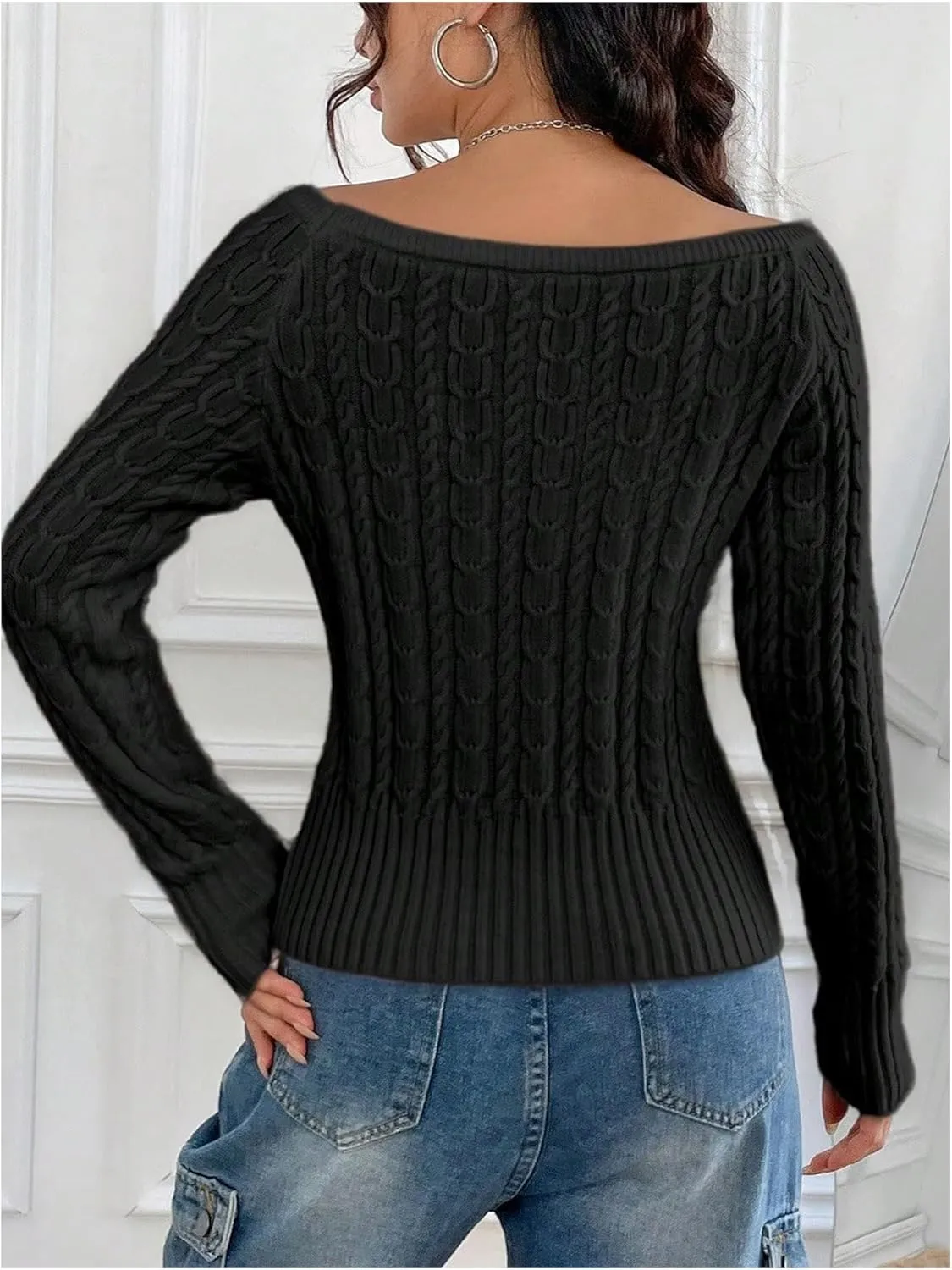 MakeMeChic Women's Off The Shoulder Sweater Cable Knit Long Sleeve Ribbed Fall Going Out Tops Sweater Pullover