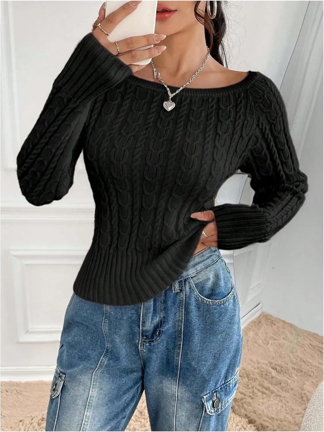 MakeMeChic Women's Off The Shoulder Sweater Cable Knit Long Sleeve Ribbed Fall Going Out Tops Sweater Pullover