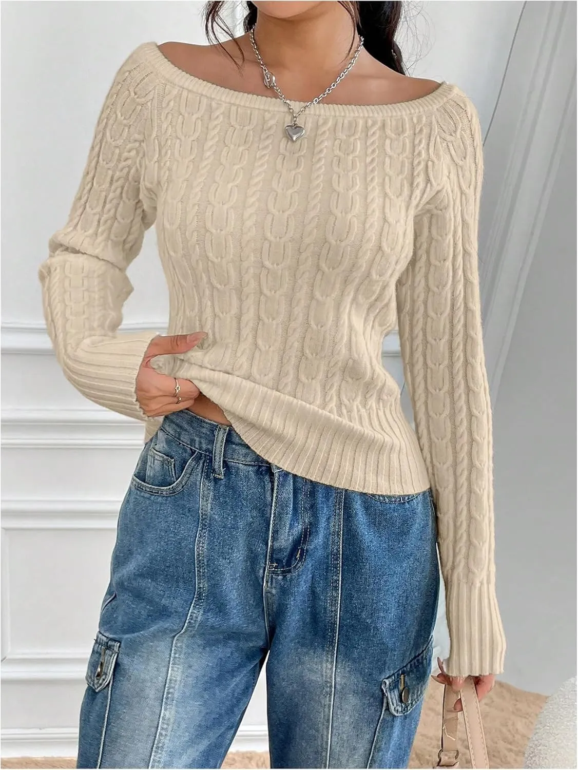 MakeMeChic Women's Off The Shoulder Sweater Cable Knit Long Sleeve Ribbed Fall Going Out Tops Sweater Pullover
