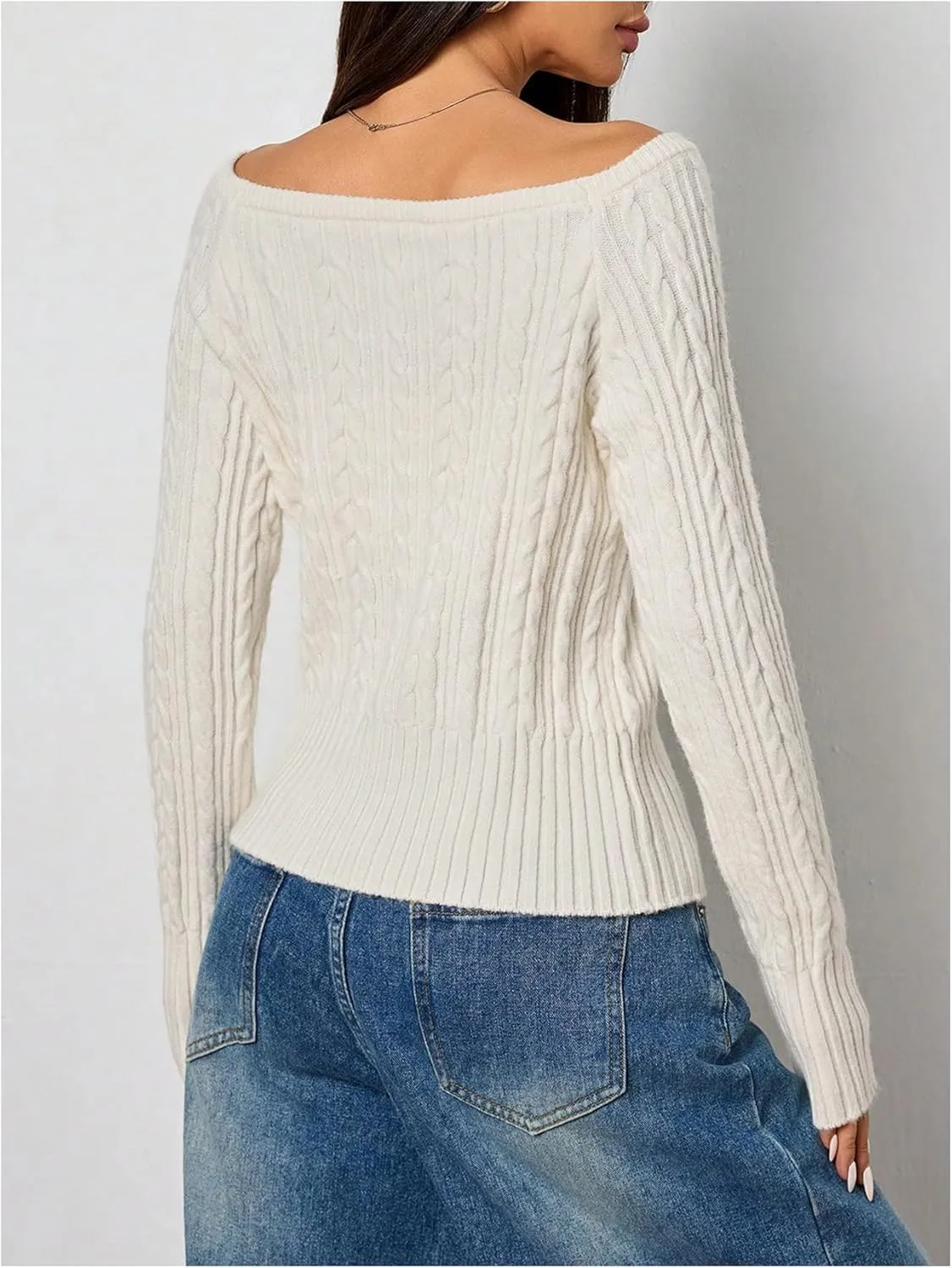 MakeMeChic Women's Off The Shoulder Sweater Cable Knit Long Sleeve Ribbed Fall Going Out Tops Sweater Pullover