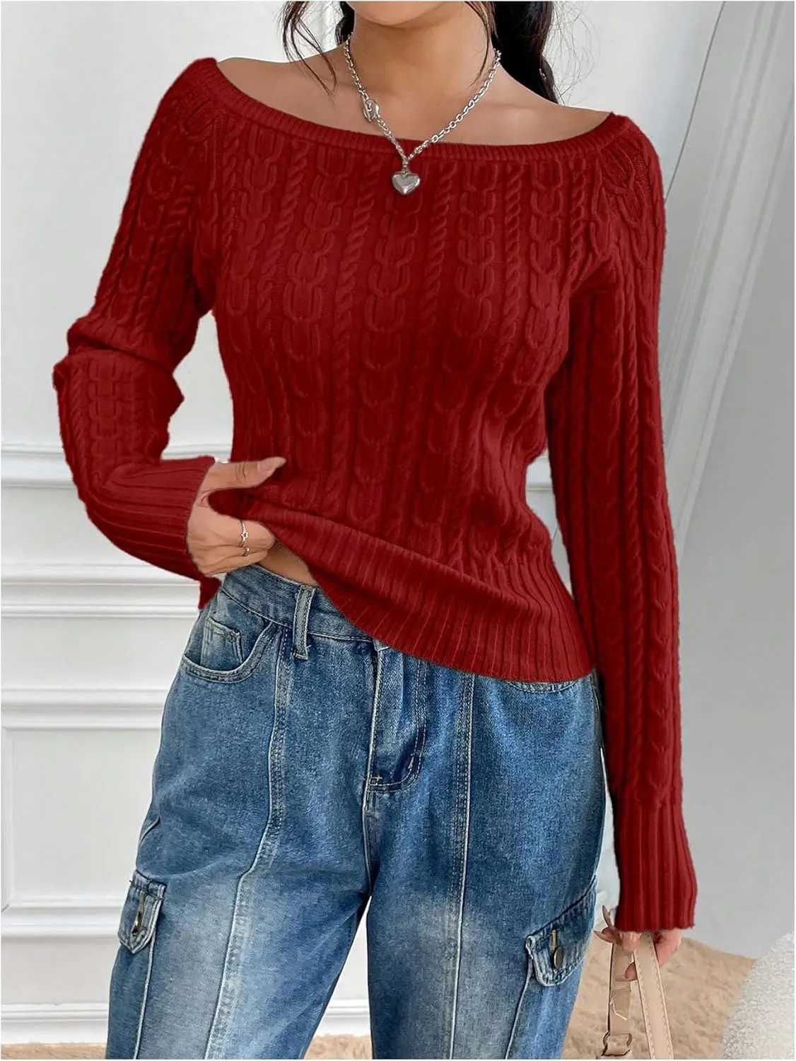 MakeMeChic Women's Off The Shoulder Sweater Cable Knit Long Sleeve Ribbed Fall Going Out Tops Sweater Pullover