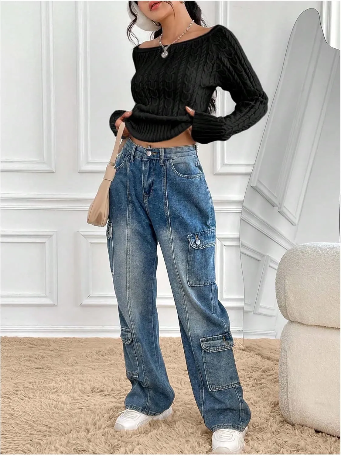 MakeMeChic Women's Off The Shoulder Sweater Cable Knit Long Sleeve Ribbed Fall Going Out Tops Sweater Pullover