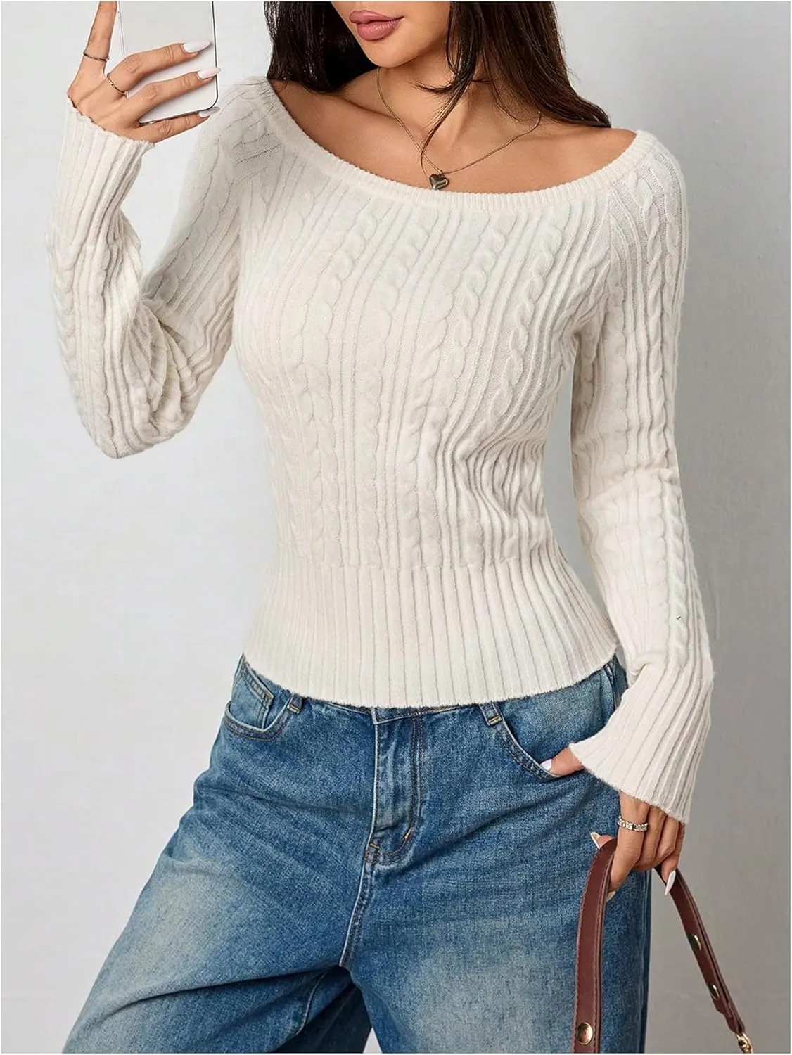 MakeMeChic Women's Off The Shoulder Sweater Cable Knit Long Sleeve Ribbed Fall Going Out Tops Sweater Pullover