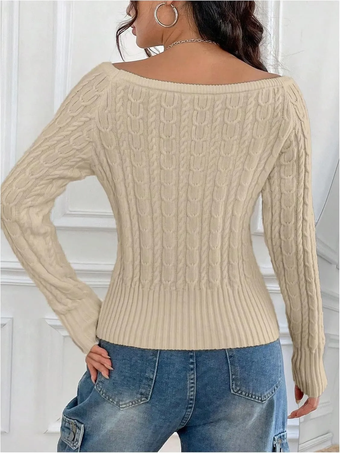 MakeMeChic Women's Off The Shoulder Sweater Cable Knit Long Sleeve Ribbed Fall Going Out Tops Sweater Pullover