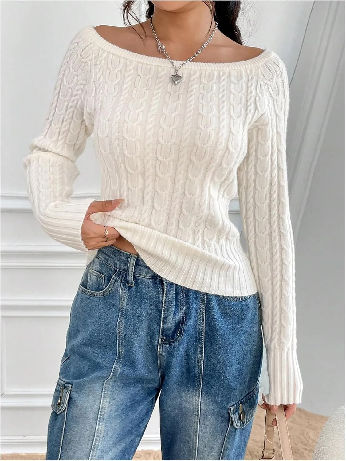 MakeMeChic Women's Off The Shoulder Sweater Cable Knit Long Sleeve Ribbed Fall Going Out Tops Sweater Pullover