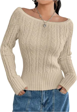 MakeMeChic Women's Off The Shoulder Sweater Cable Knit Long Sleeve Ribbed Fall Going Out Tops Sweater Pullover