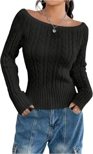 MakeMeChic Women's Off The Shoulder Sweater Cable Knit Long Sleeve Ribbed Fall Going Out Tops Sweater Pullover