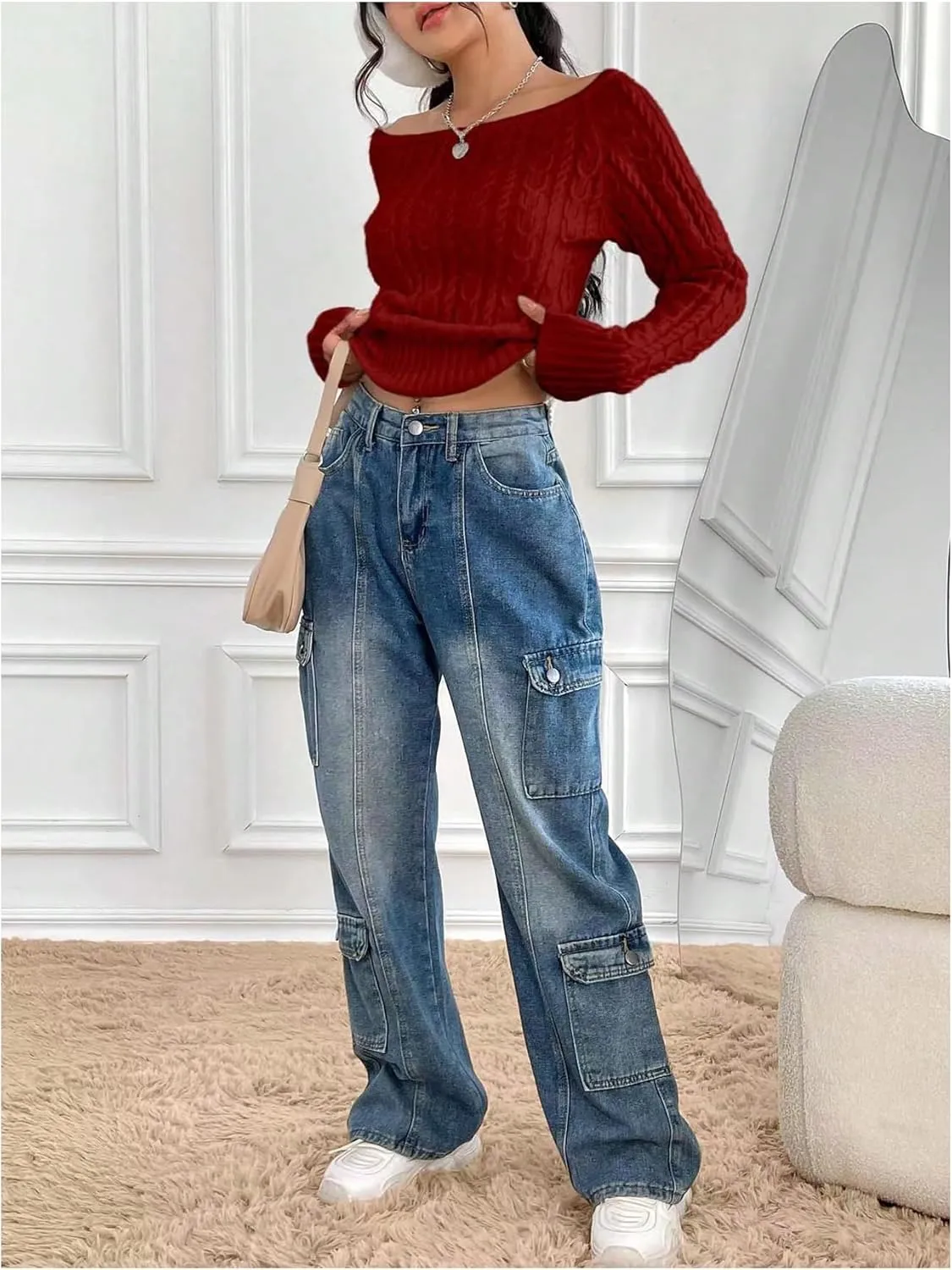 MakeMeChic Women's Off The Shoulder Sweater Cable Knit Long Sleeve Ribbed Fall Going Out Tops Sweater Pullover