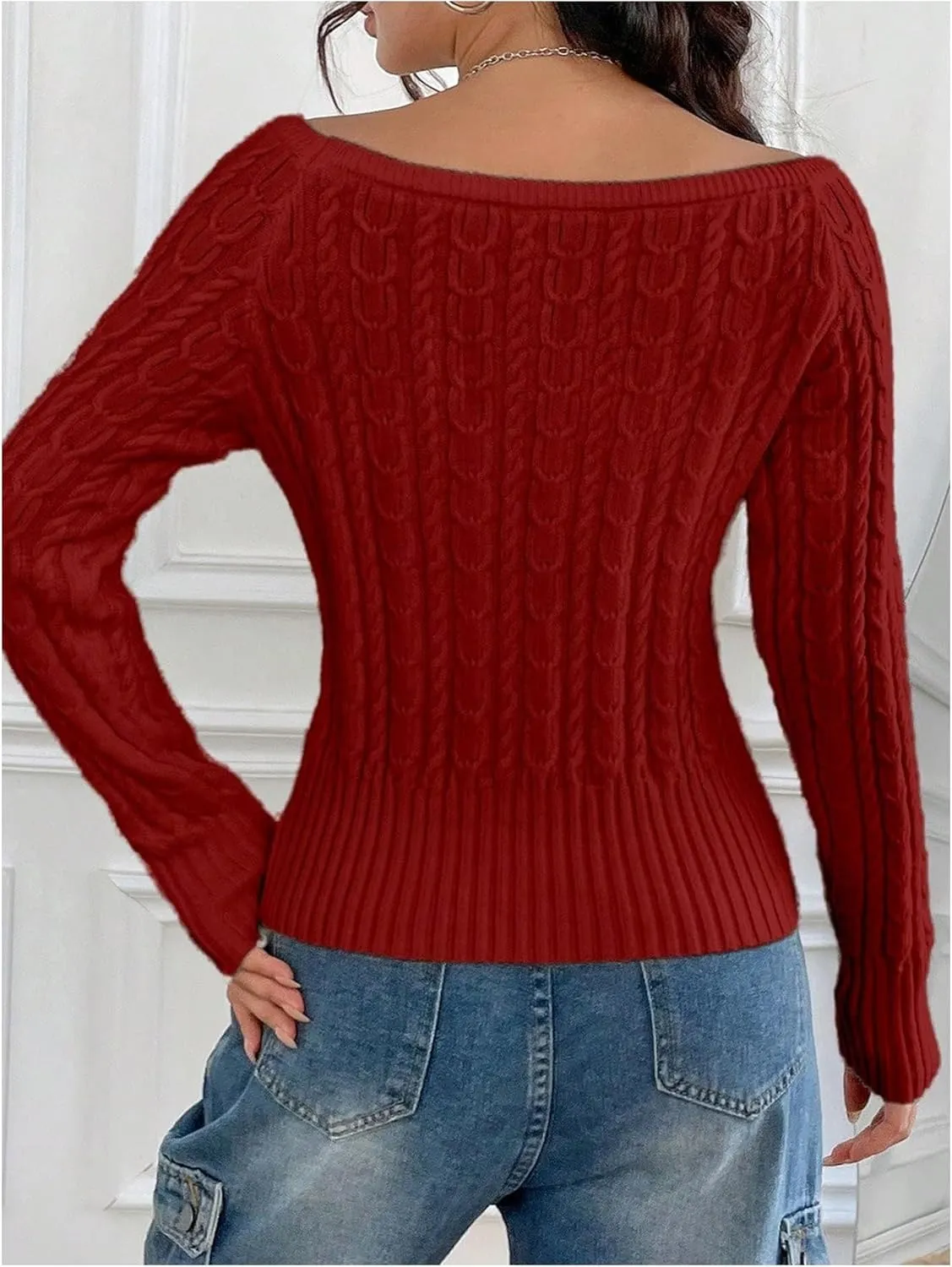 MakeMeChic Women's Off The Shoulder Sweater Cable Knit Long Sleeve Ribbed Fall Going Out Tops Sweater Pullover