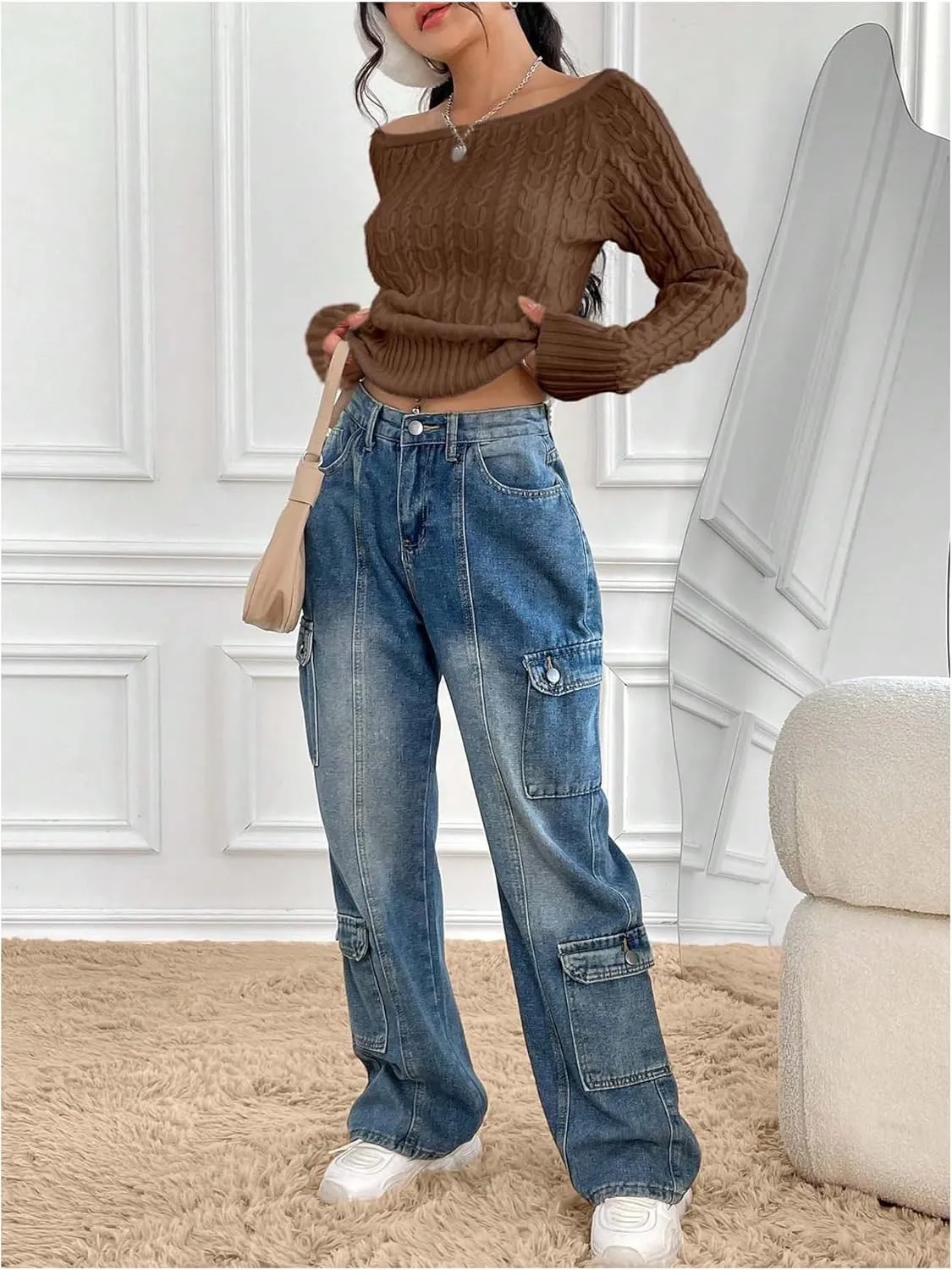 MakeMeChic Women's Off The Shoulder Sweater Cable Knit Long Sleeve Ribbed Fall Going Out Tops Sweater Pullover