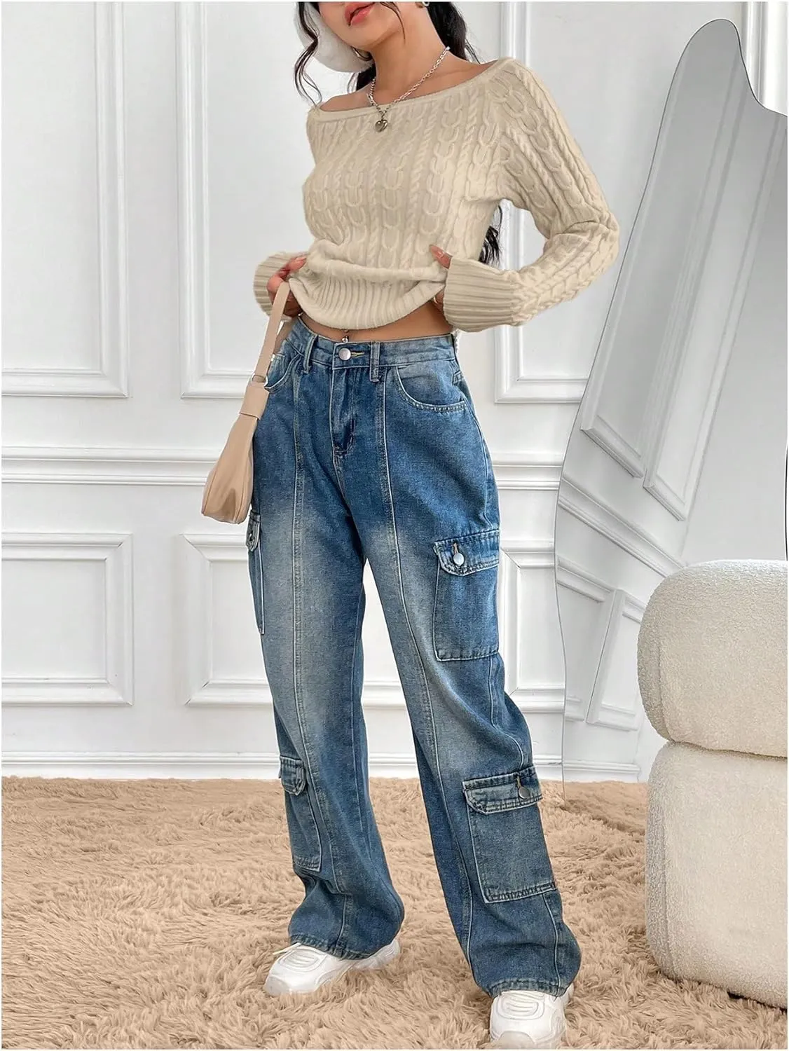 MakeMeChic Women's Off The Shoulder Sweater Cable Knit Long Sleeve Ribbed Fall Going Out Tops Sweater Pullover