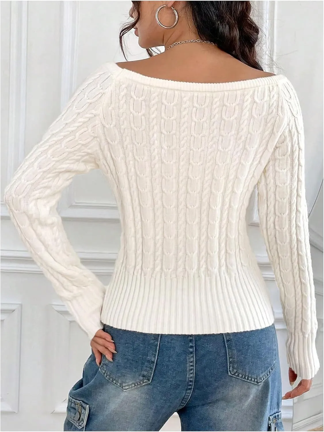 MakeMeChic Women's Off The Shoulder Sweater Cable Knit Long Sleeve Ribbed Fall Going Out Tops Sweater Pullover