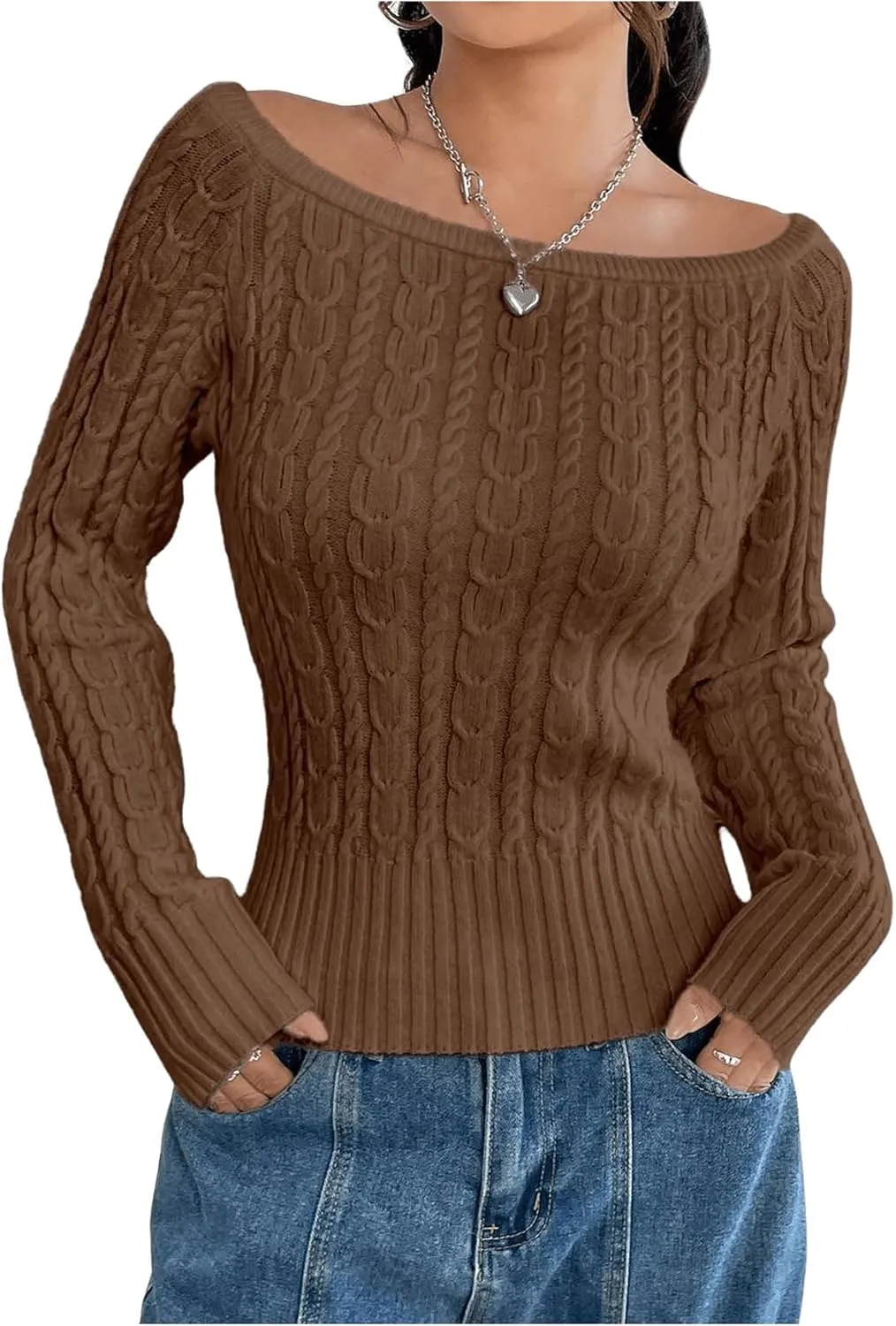 MakeMeChic Women's Off The Shoulder Sweater Cable Knit Long Sleeve Ribbed Fall Going Out Tops Sweater Pullover